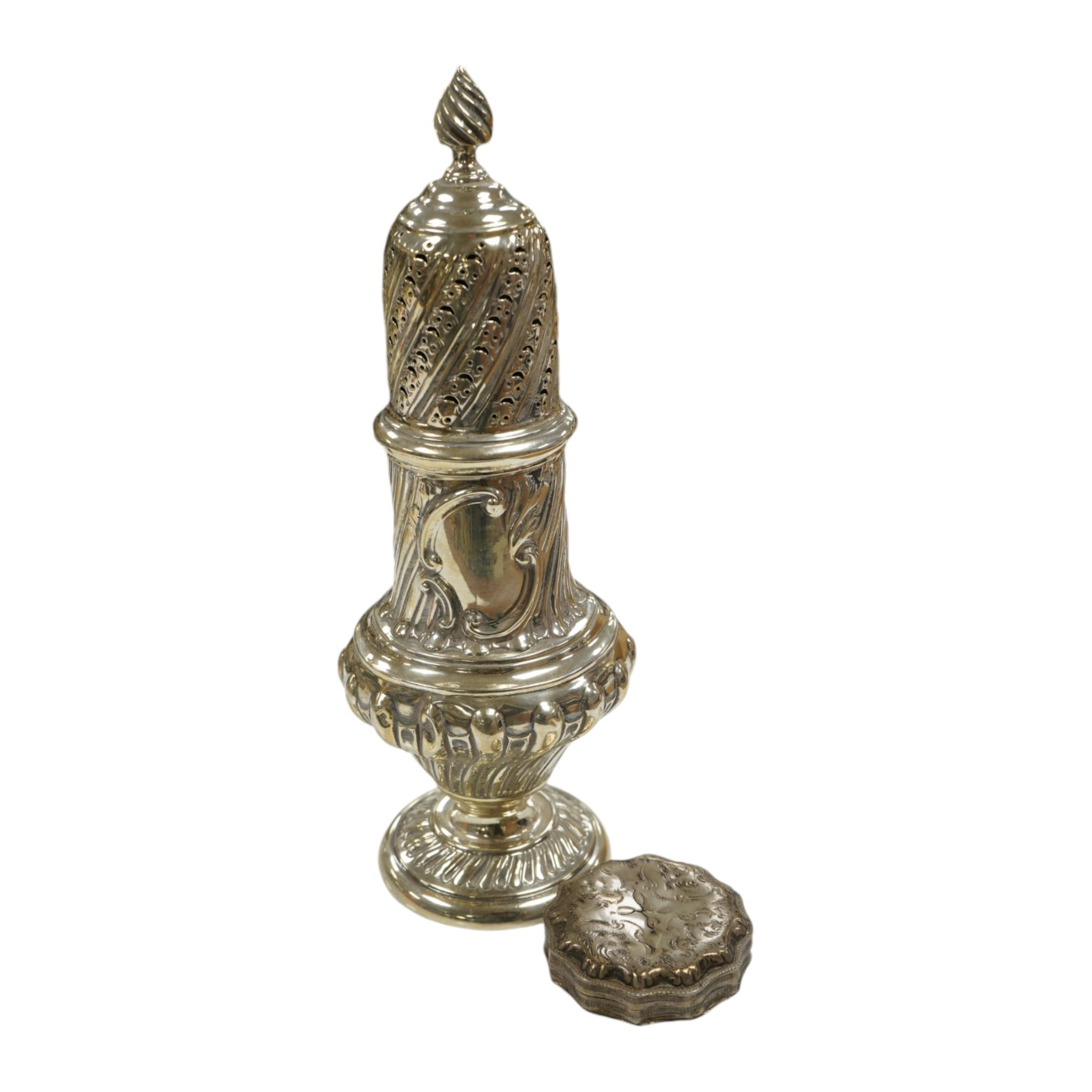 An Edwardian silver sugar caster, London, 1901, 22.6cm, together with a white metal box with hinged cover, gross weight 7.8oz. Condition - poor to fair